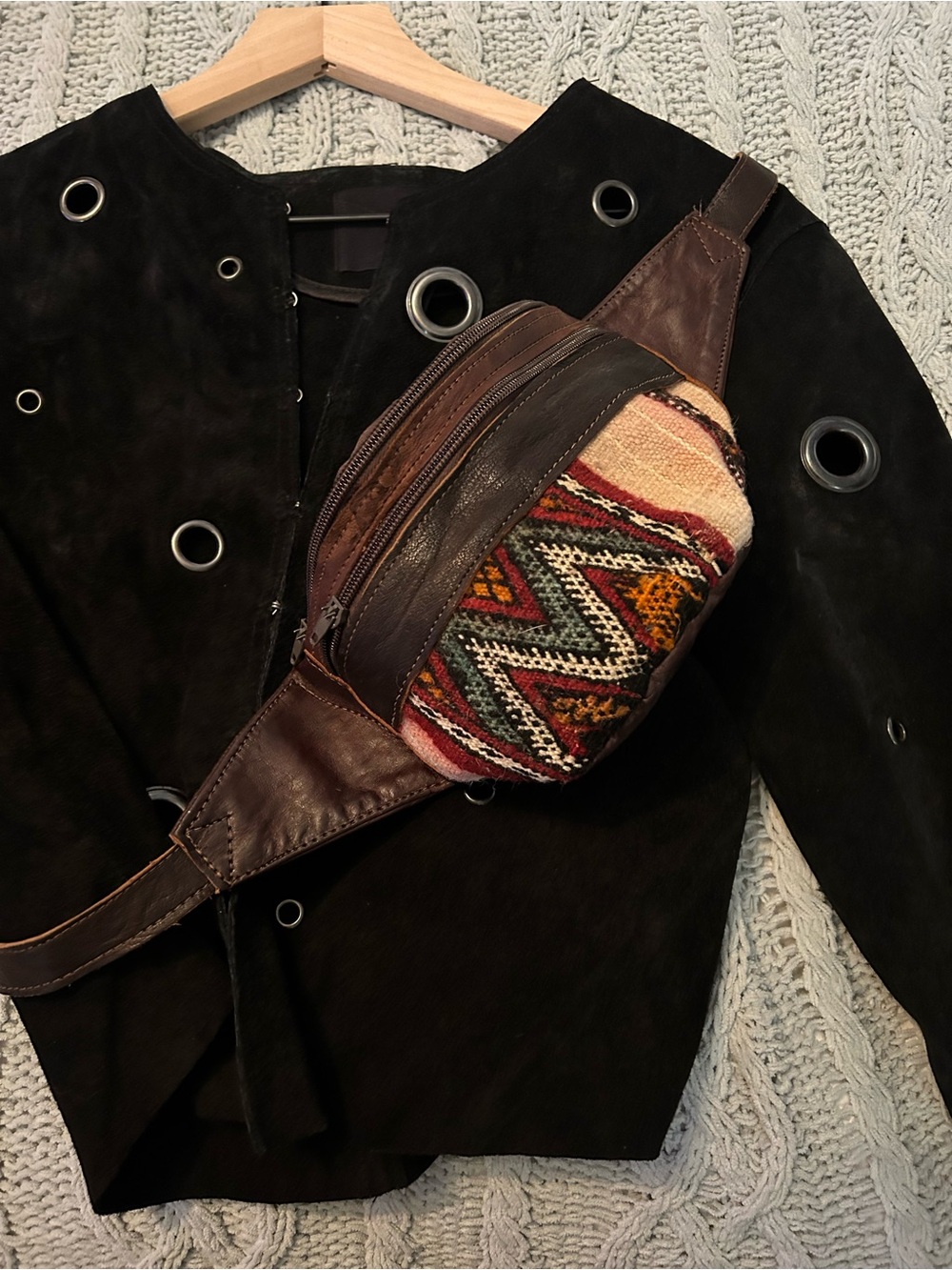 Real Leather Mococco Handmade Mini Crossbody Bag with Multicolor Woven Front